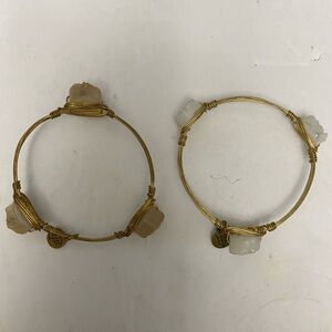 Bourbon and Bowties Gold Tone Wire Bangles with Pink & White Druzy. Set of Two.
